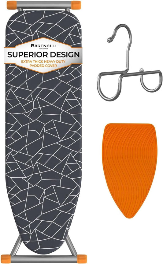 Compact Ironing Board, 13x43 Space-Saving Steel Foldable Iron Board, 4 Layer Cotton Cover, Adjustable Height, Bonus Hanger and Silicone Iron Pad