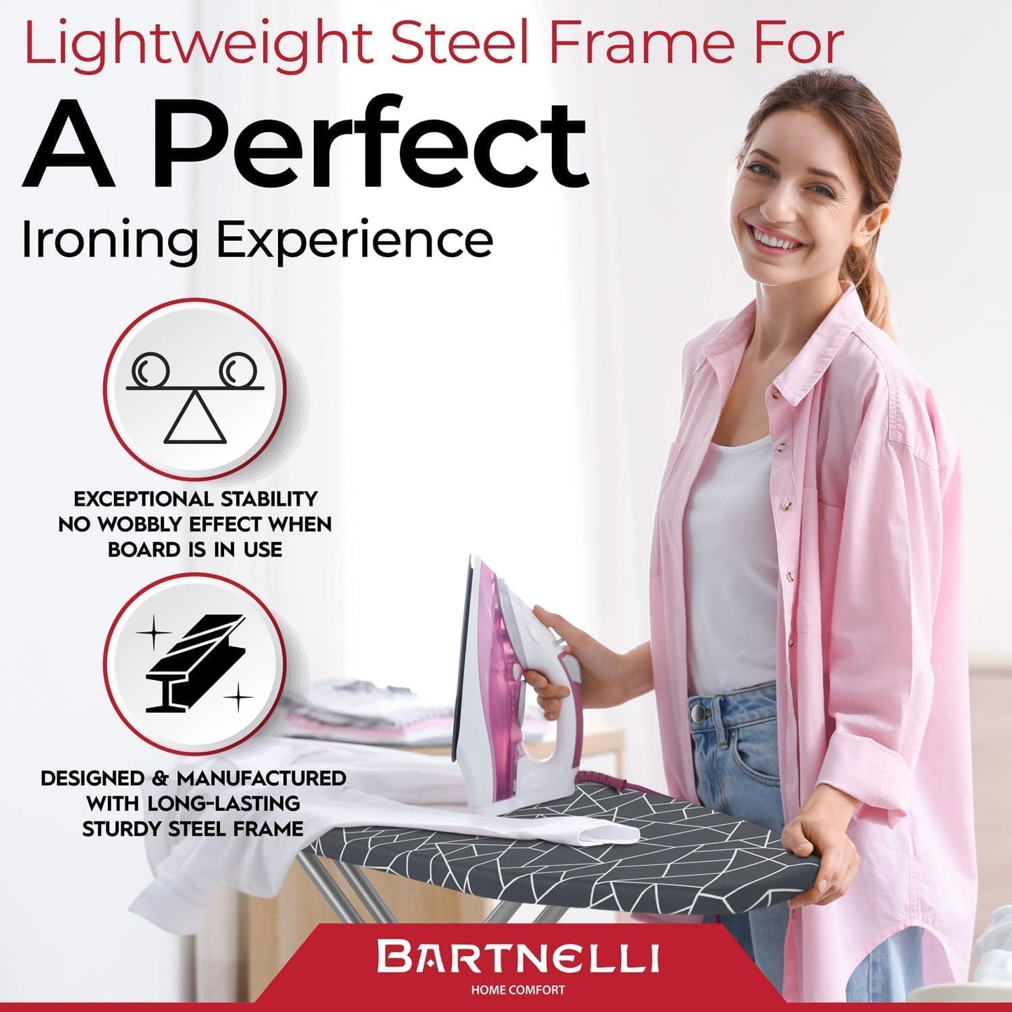 Compact Ironing Board, 13x43 Space-Saving Steel Foldable Iron Board, 4 Layer Cotton Cover, Adjustable Height, Bonus Hanger and Silicone Iron Pad