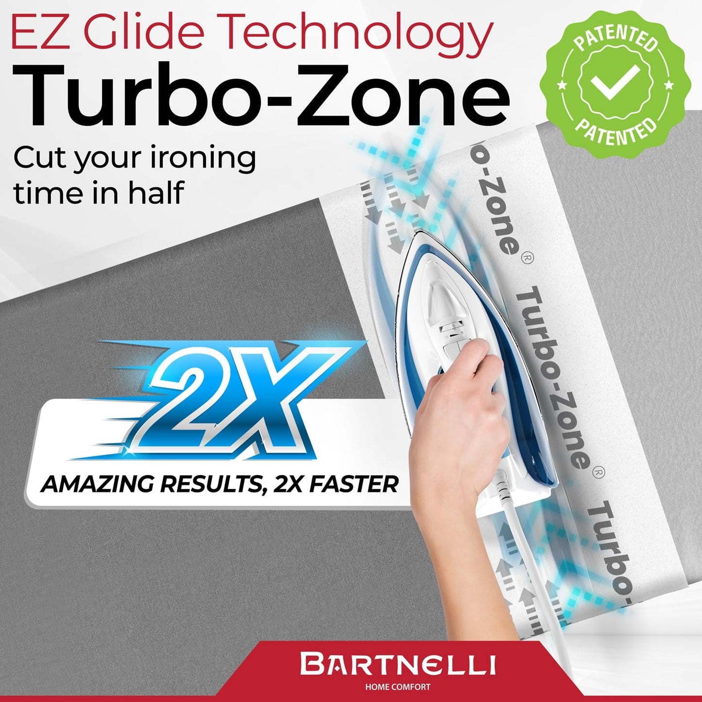 Bartnelli Pro Luxury Replacement Ironing Board Cover & Pad – 54" x 15" with Patented Parking Zone & Turbo Zone Technology