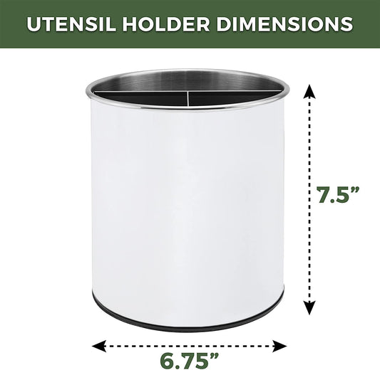 Bartnelli Extra Large Stainless Steel Kitchen Utensil Holder - 360° Rotating Utensil Caddy - Weighted Base for Stability - Countertop Organizer Crock With Removable Divider (COOL WHITE)