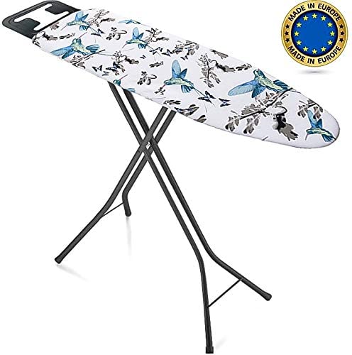 Bartnelli Ironing Board Made in Europe | Iron Board with 4 Layered Cover & Pad, Height Adjustable up to 36" Features A Safety Iron Rest, 4 Steel Legs, for Home Laundry Room or Dorm Use (43x14) (BLUE BIRDS)