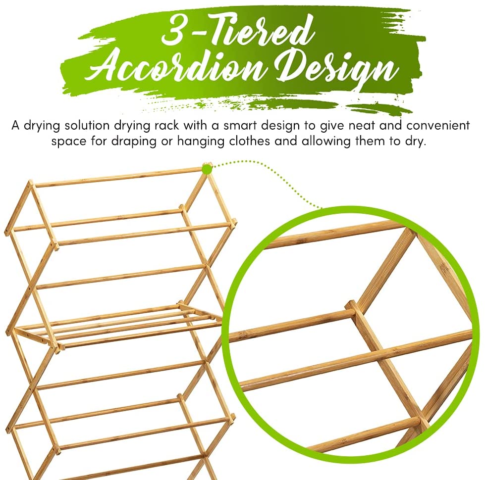 Bartnelli Bamboo Laundry Drying Rack for Clothes, Wood Clothing Dryer, Extreme Stability, Heavy Duty Built, Foldable, Collapsible Space Saving | Indoor-Outdoor Use - Pre-Assembled (X-Large - BDR-552)