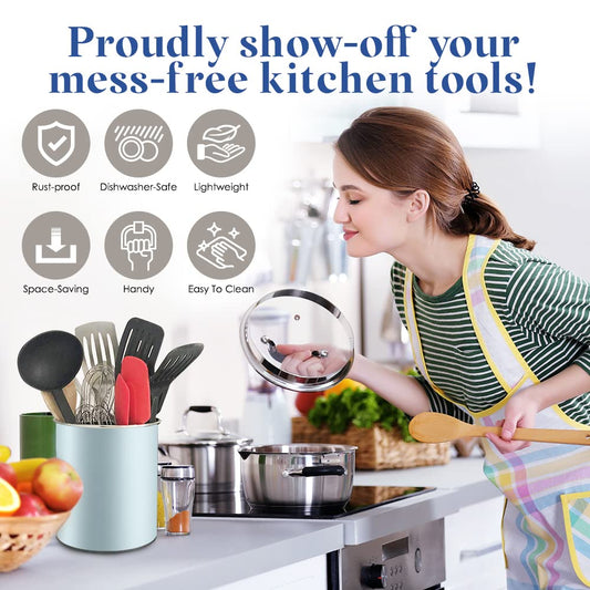 Bartnelli Extra Large Stainless Steel Kitchen Utensil Holder - 360° Rotating Utensil Caddy - Weighted Base for Stability - Countertop Organizer Crock With Removable Divider (BLUE VELVET))