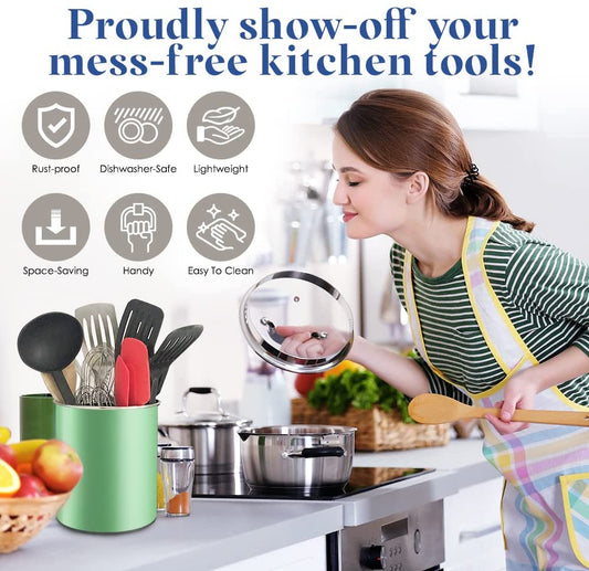 Bartnelli Extra Large Stainless Steel Kitchen Utensil Holder - 360° Rotating Utensil Caddy - Weighted Base for Stability - Countertop Organizer Crock With Removable Divider (TEA GREEN)