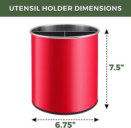 Bartnelli Extra Large Stainless Steel Kitchen Utensil Holder - 360° Rotating Utensil Caddy - Weighted Base for Stability - Countertop Organizer Crock With Removable Divider (RUBY RED)