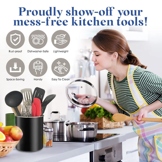 Bartnelli Extra Large Stainless Steel Kitchen Utensil Holder - 360° Rotating Utensil Caddy - Weighted Base for Stability - Countertop Organizer Crock With Removable Divider (NIGHT BLACK)