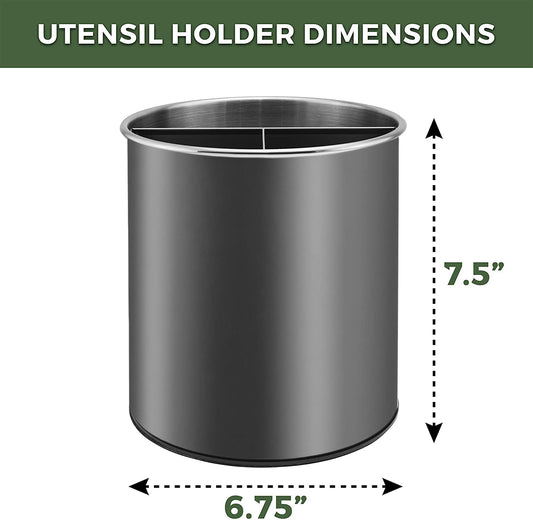 Bartnelli Extra Large Stainless Steel Kitchen Utensil Holder - 360° Rotating Utensil Caddy - Weighted Base for Stability - Countertop Organizer Crock With Removable Divider (IRON GRAY)