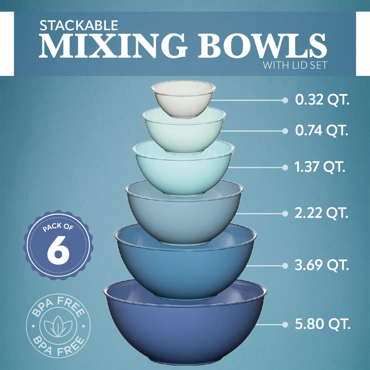 12 Piece Plastic Mixing Bowls Set, Colorful Nesting Bowls with Lids, 6 Prep Bowls and 6 Lids - Color Food Storage for Leftovers, Fruit, Salads, Snacks, and Potluck Dishes - Microwave and Freezer Safe (BLUE)
