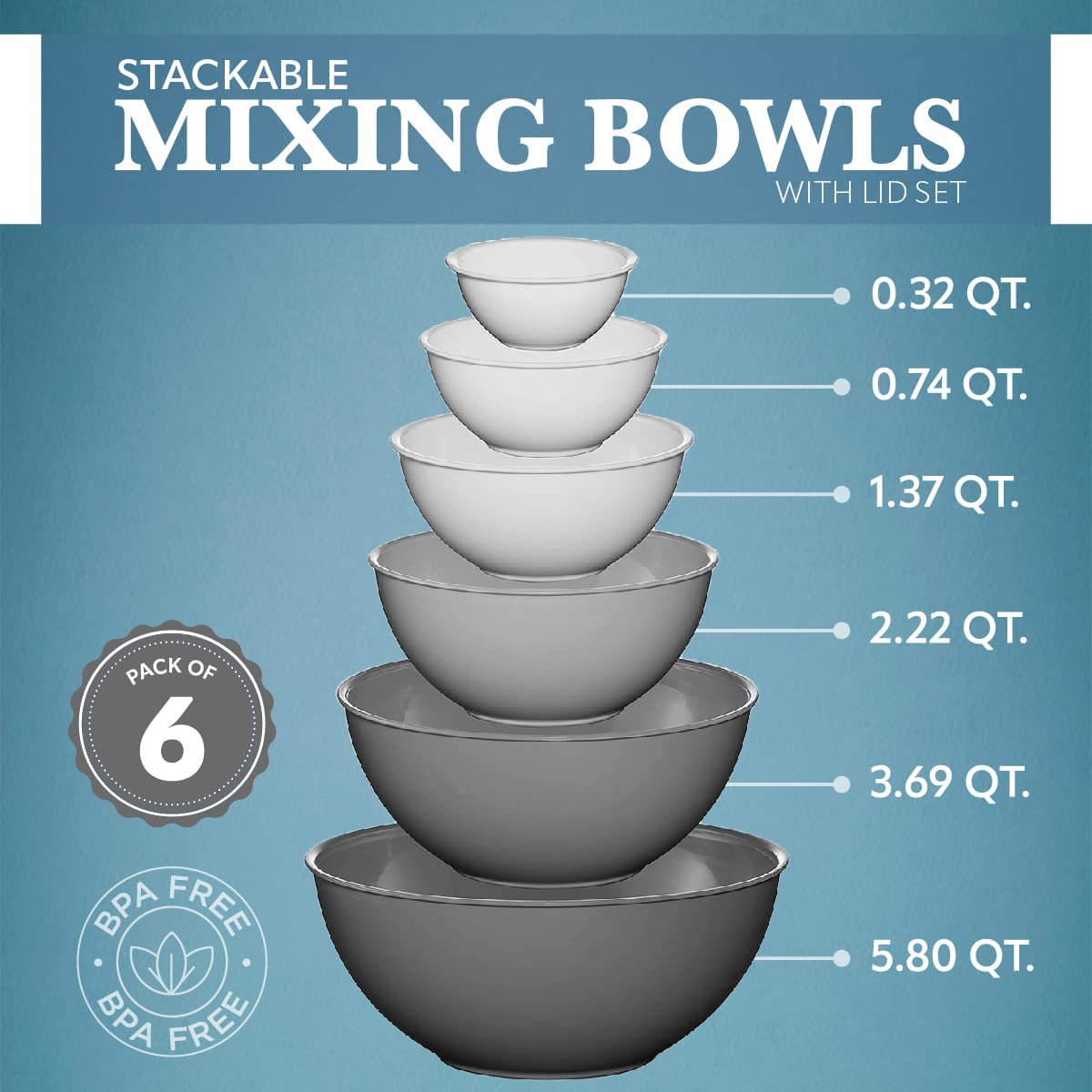 12 Piece Plastic Mixing Bowls Set, Colorful Nesting Bowls with Lids, 6 Prep Bowls and 6 Lids - Color Food Storage for Leftovers, Fruit, Salads, Snacks, and Potluck Dishes - Microwave and Freezer Safe (GRAY)