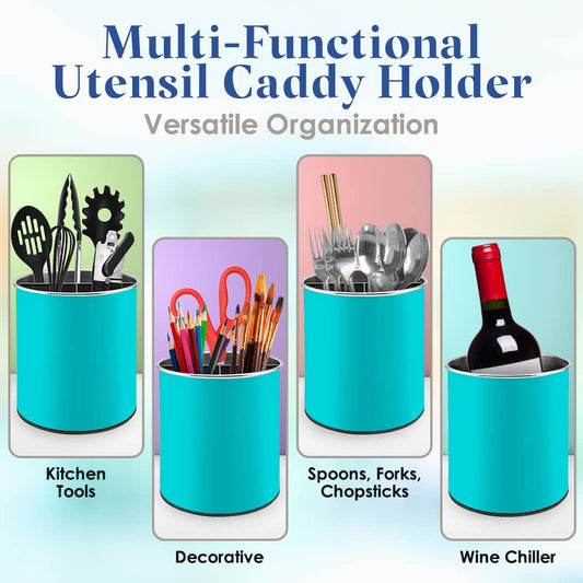 Bartnelli Extra Large Stainless Steel Kitchen Utensil Holder - 360° Rotating Utensil Caddy - Weighted Base for Stability - Countertop Organizer Crock With Removable Divider (MISTY TURQUOISE))