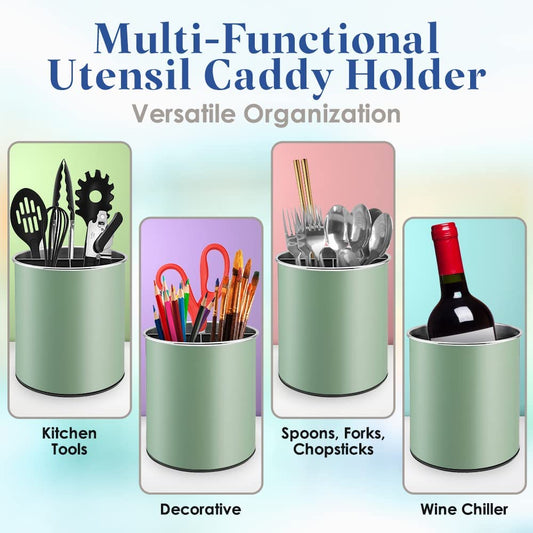 Bartnelli Extra Large Stainless Steel Kitchen Utensil Holder - 360° Rotating Utensil Caddy - Weighted Base for Stability - Countertop Organizer Crock With Removable Divider (SEA GREEN)