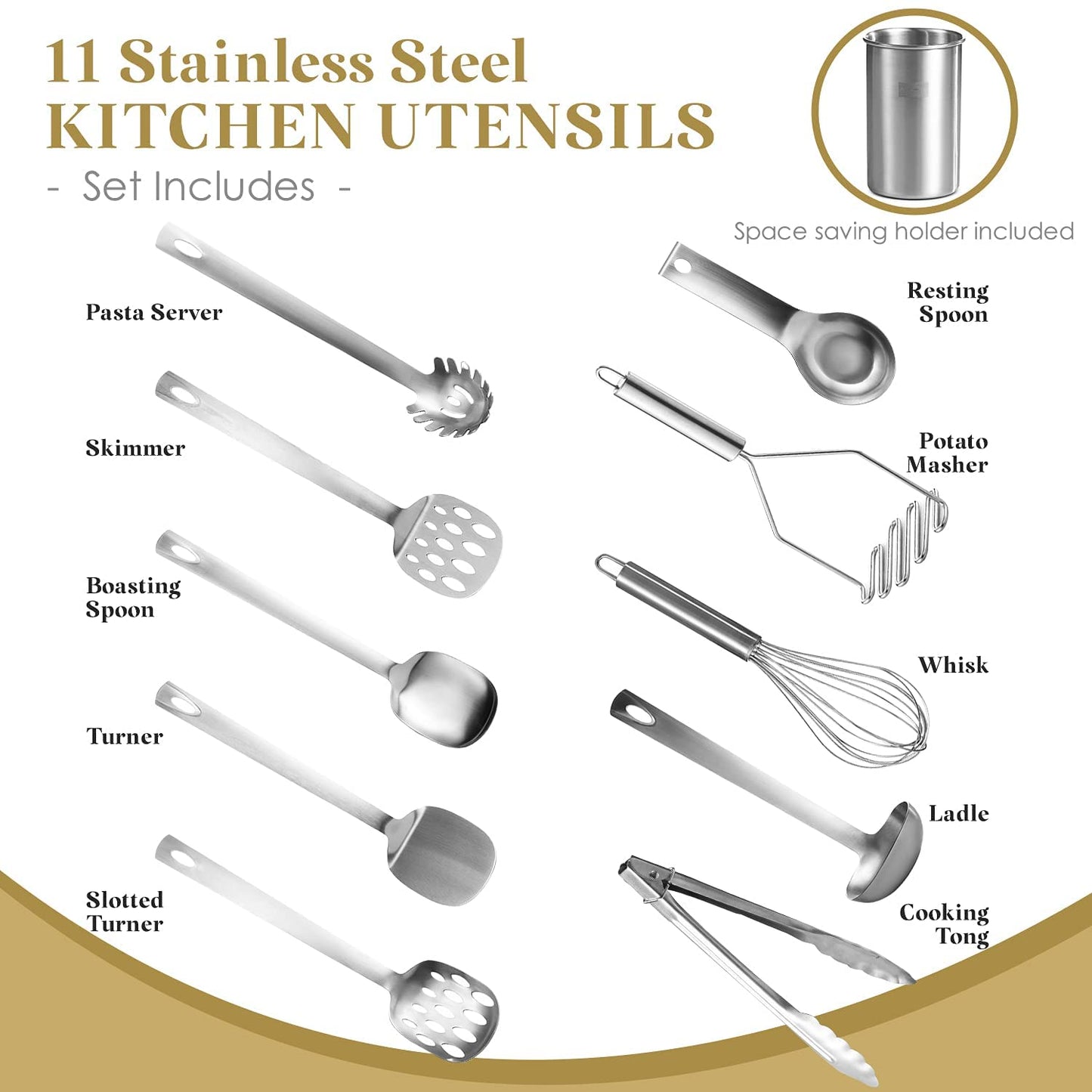 BUSH110 Bartnelli 11-Piece Kitchen Utensils Set with Holder - Non-Stick Stainless Steel Cooking Utensils with Heat-Resistant Handle - Includes Cooking Spoons, Potato Smasher, Slotted Turner, Whisk, and More