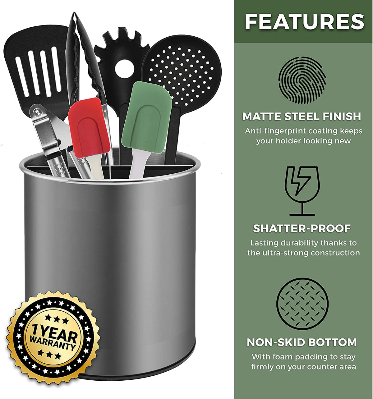 Bartnelli Extra Large Stainless Steel Kitchen Utensil Holder - 360° Rotating Utensil Caddy - Weighted Base for Stability - Countertop Organizer Crock With Removable Divider (IRON GRAY)
