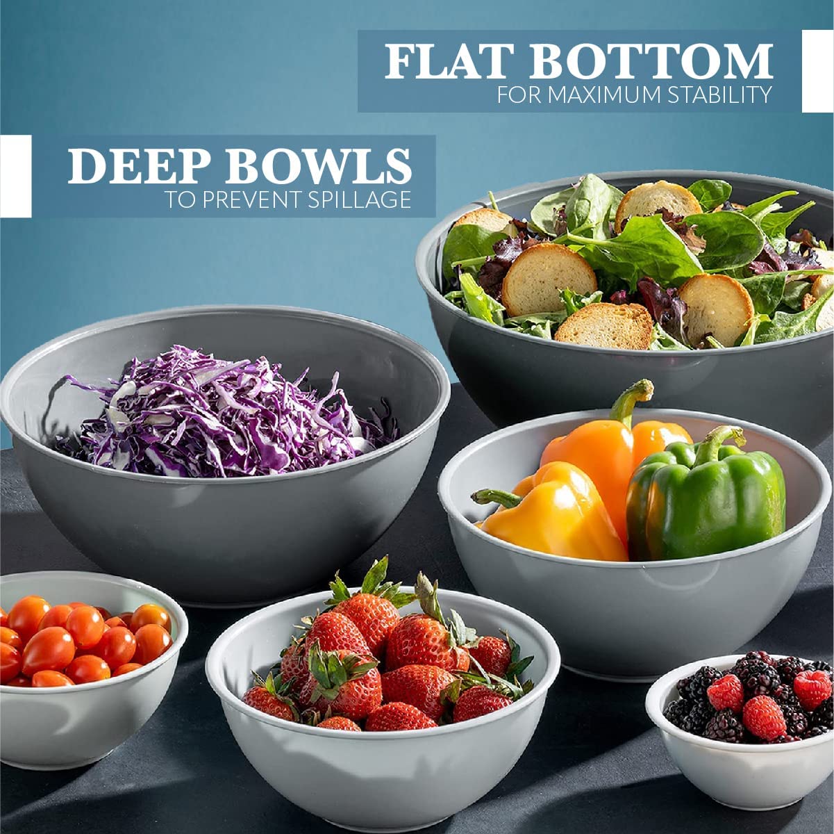 12 Piece Plastic Mixing Bowls Set, Colorful Nesting Bowls with Lids, 6 Prep Bowls and 6 Lids - Color Food Storage for Leftovers, Fruit, Salads, Snacks, and Potluck Dishes - Microwave and Freezer Safe (GRAY)