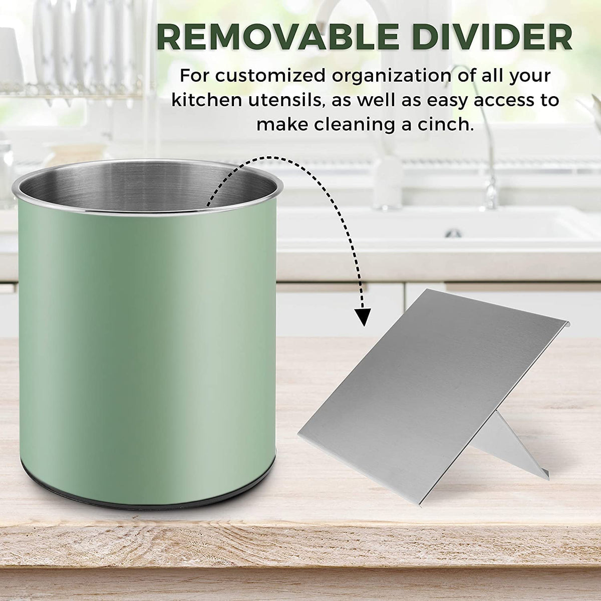 Bartnelli Extra Large Stainless Steel Kitchen Utensil Holder - 360° Rotating Utensil Caddy - Weighted Base for Stability - Countertop Organizer Crock With Removable Divider (SEA GREEN)