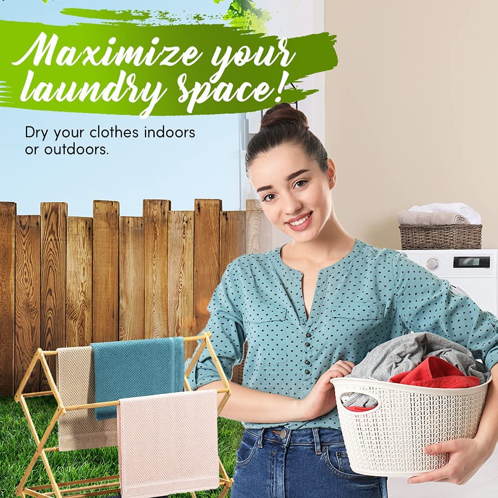 Bartnelli Bamboo Laundry Drying Rack for Clothes, Wood Clothing Dryer, Extreme Stability, Heavy Duty Built, Foldable, Collapsible Space Saving | Indoor-Outdoor Use - Pre-Assembled (X-Large - BDR-552)