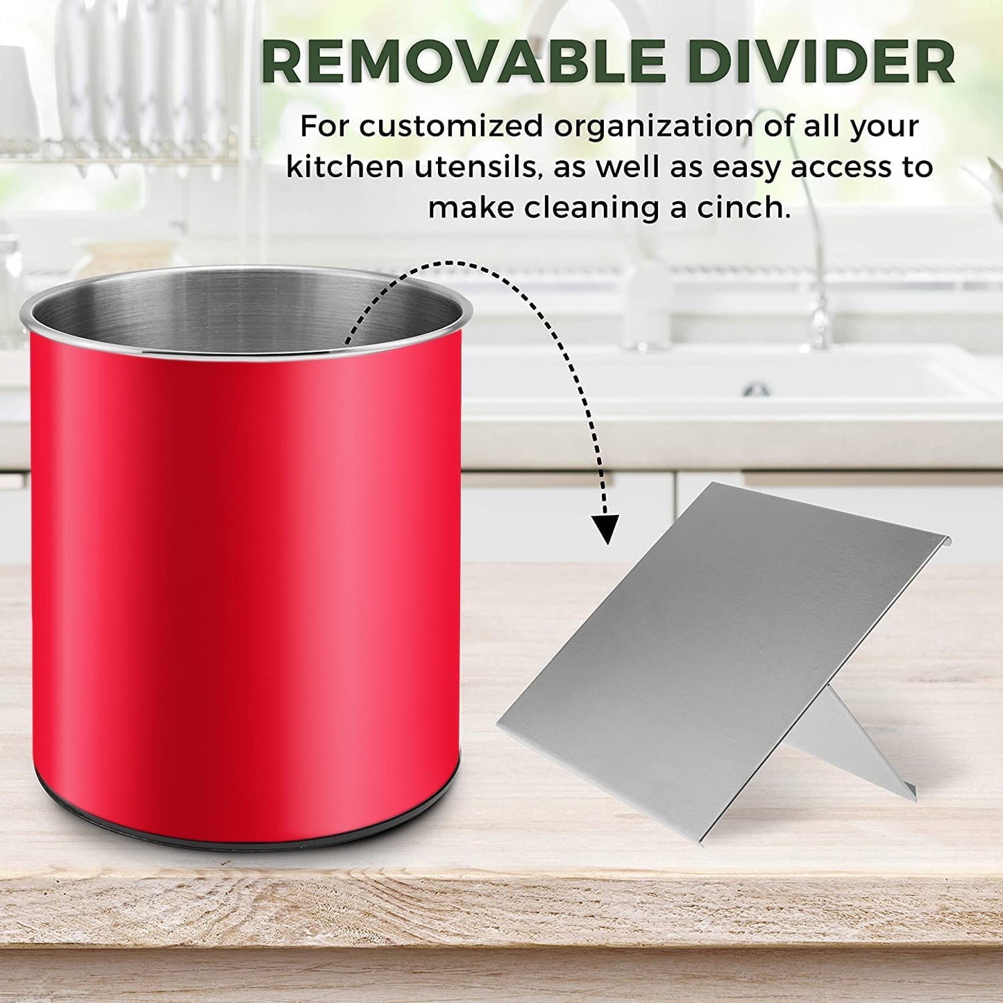 Bartnelli Extra Large Stainless Steel Kitchen Utensil Holder - 360° Rotating Utensil Caddy - Weighted Base for Stability - Countertop Organizer Crock With Removable Divider (RUBY RED)