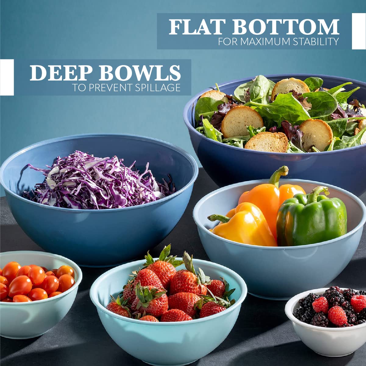 12 Piece Plastic Mixing Bowls Set, Colorful Nesting Bowls with Lids, 6 Prep Bowls and 6 Lids - Color Food Storage for Leftovers, Fruit, Salads, Snacks, and Potluck Dishes - Microwave and Freezer Safe (BLUE)