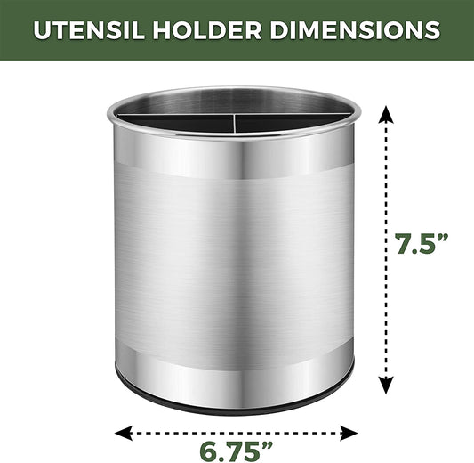 Bartnelli Extra Large Stainless Steel Kitchen Utensil Holder - 360° Rotating Utensil Caddy - Weighted Base for Stability - Countertop Organizer Crock With Removable Divider (BRUSHED STAINLESS STEEL)