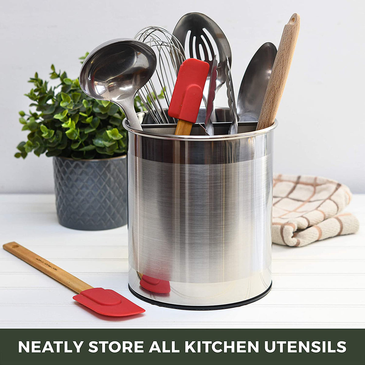 Bartnelli Extra Large Stainless Steel Kitchen Utensil Holder - 360° Rotating Utensil Caddy - Weighted Base for Stability - Countertop Organizer Crock With Removable Divider (BRUSHED STAINLESS STEEL)