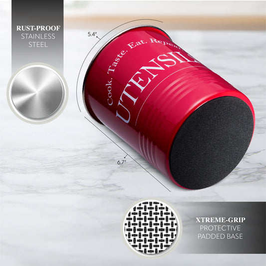 Bartnelli Large Kitchen Utensil Holder Organizer For Countertop, Farmhouse Storage Caddy With Stable Padded Base (RED)