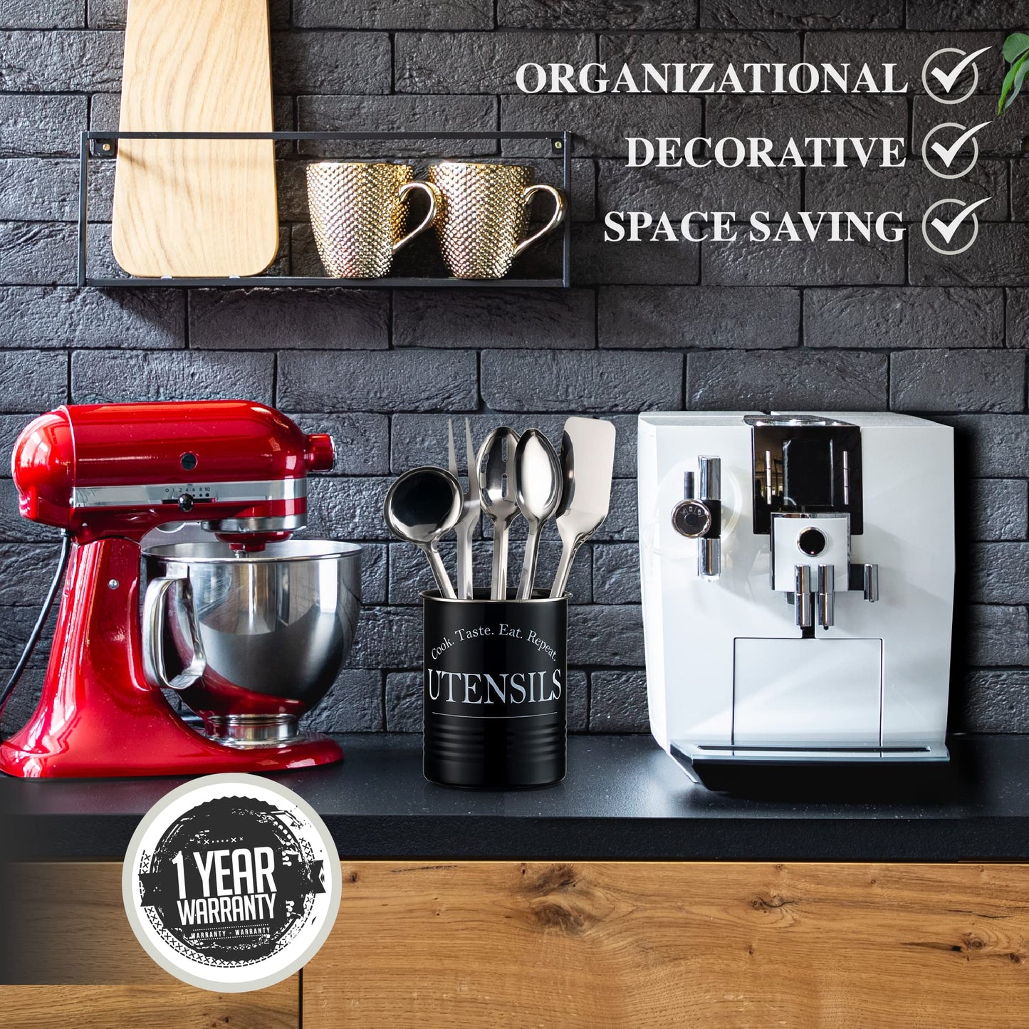 Bartnelli Large Kitchen Utensil Holder Organizer For Countertop, Farmhouse Storage Caddy With Stable Padded Base (BLACK)