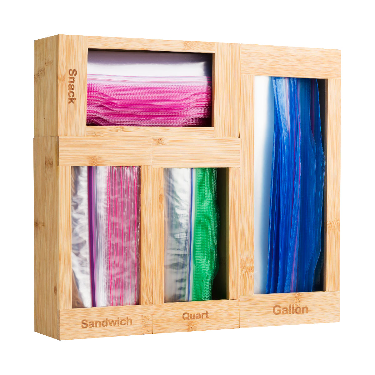Bartnelli Drawer Storage Organizer for Ziploc Bag , 4 PC Premium Bamboo Kitchen Drawer Organizer, Dispenser, and Bags Holders | Compatible With All Brands With Variety Sizes to fit All Bag Sizes