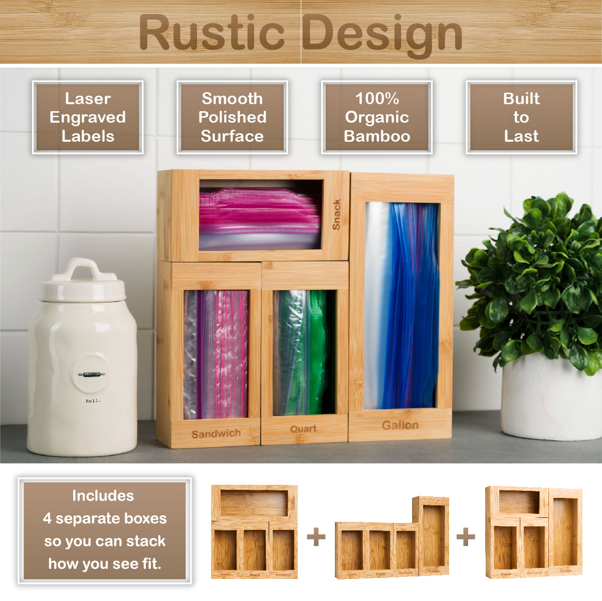 Bartnelli Drawer Storage Organizer for Ziploc Bag , 4 PC Premium Bamboo Kitchen Drawer Organizer, Dispenser, and Bags Holders | Compatible With All Brands With Variety Sizes to fit All Bag Sizes