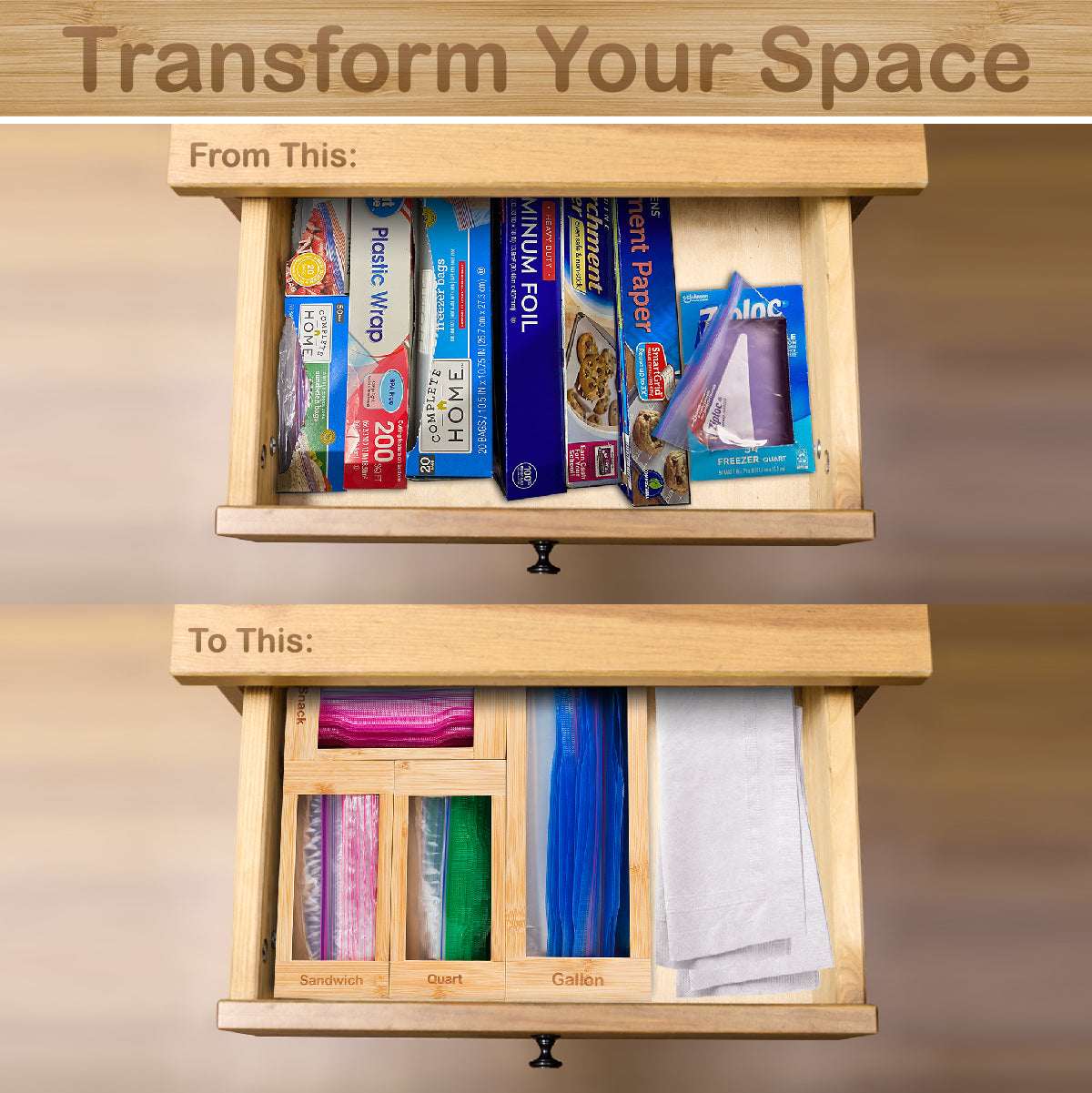 Bartnelli Drawer Storage Organizer for Ziploc Bag , 4 PC Premium Bamboo Kitchen Drawer Organizer, Dispenser, and Bags Holders | Compatible With All Brands With Variety Sizes to fit All Bag Sizes