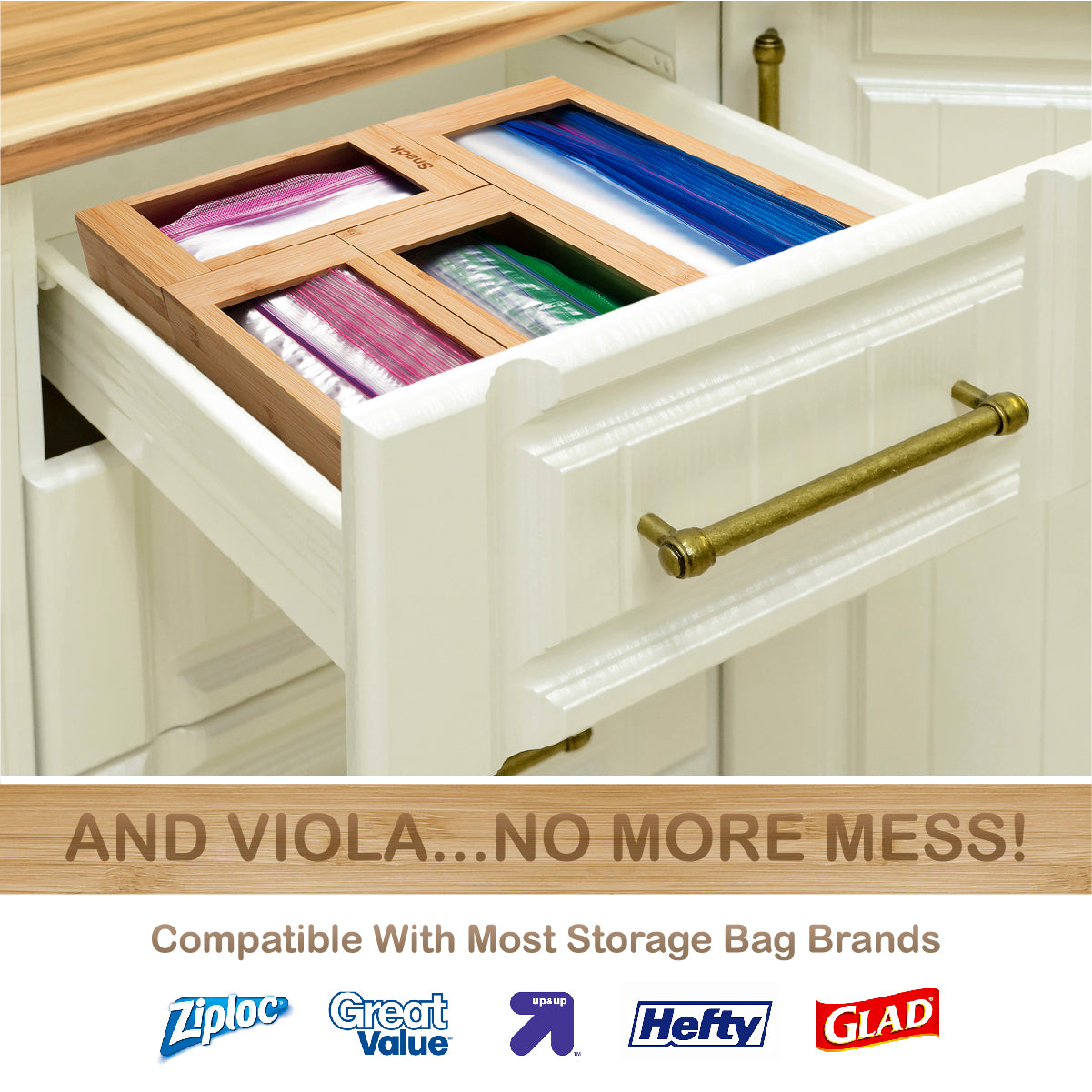 Bartnelli Drawer Storage Organizer for Ziploc Bag , 4 PC Premium Bamboo Kitchen Drawer Organizer, Dispenser, and Bags Holders | Compatible With All Brands With Variety Sizes to fit All Bag Sizes