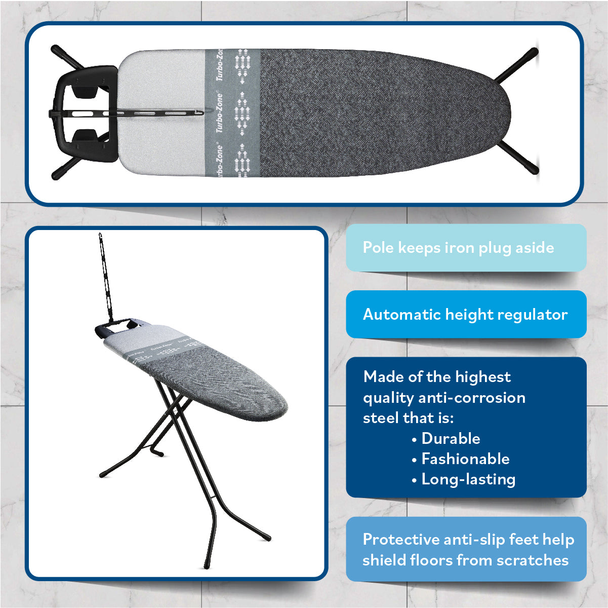 Bartnelli Heavy Duty Ironing Board 48x15 | Designed & Made in Europe with Patent Technology, Turbo & Park Zone, Features: 4 Layer Cover &Pad,Height-Adjustable,4 Premium Steel Legs,Upgraded Iron Rest (BLACK HERRINGBONE)