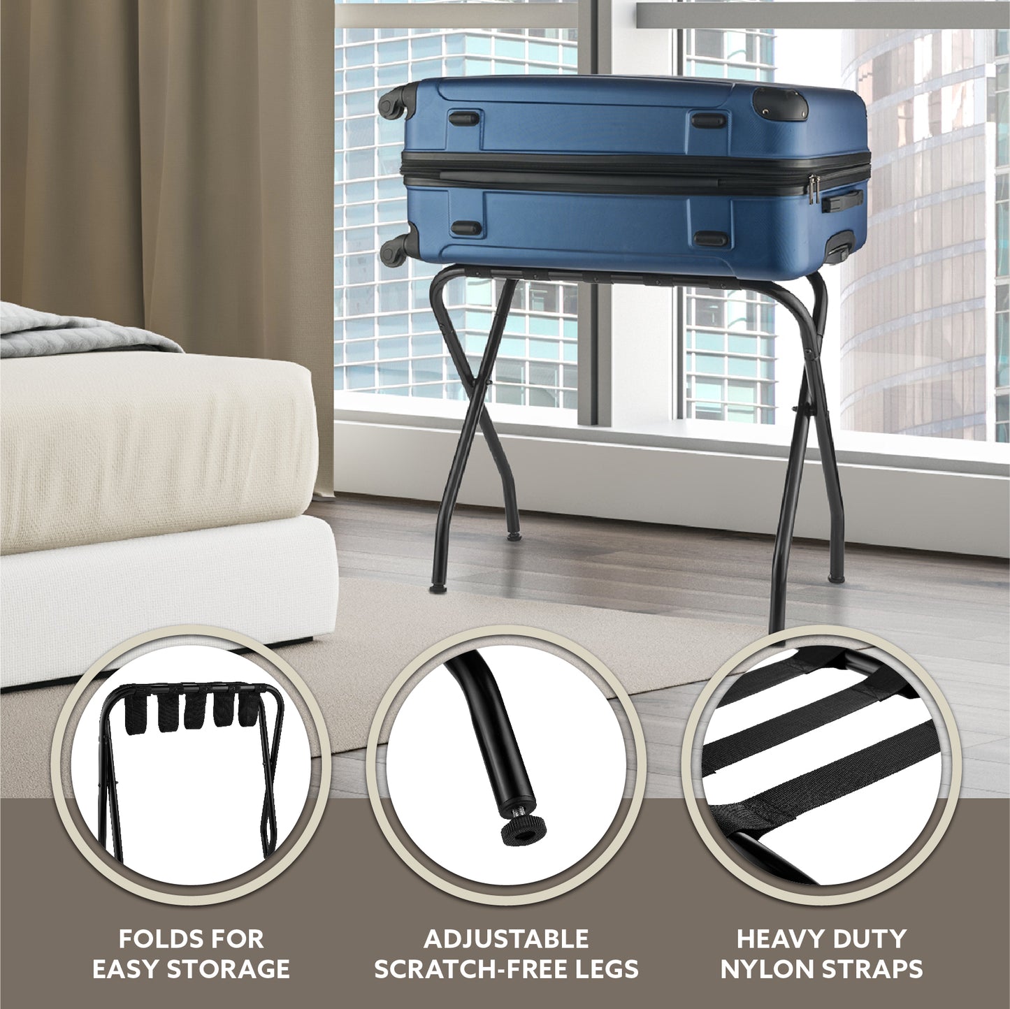 Bartnelli 2-Pack Folding Luggage Rack Collapsible Metal Suitcase Stand with Durable Black Nylon Straps- for Bedroom, Guest Room, or Hotel (BLACK STEEL)