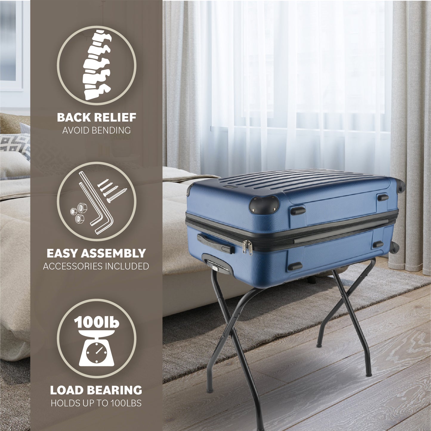 Bartnelli 2-Pack Folding Luggage Rack Collapsible Metal Suitcase Stand with Durable Black Nylon Straps- for Bedroom, Guest Room, or Hotel (BLACK STEEL)