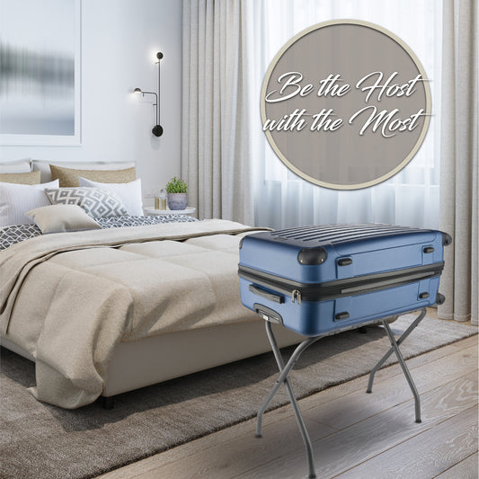 Bartnelli 2-Pack Folding Luggage Rack Collapsible Metal Suitcase Stand with Durable Black Nylon Straps- for Bedroom, Guest Room, or Hotel (GRAY STEEL)