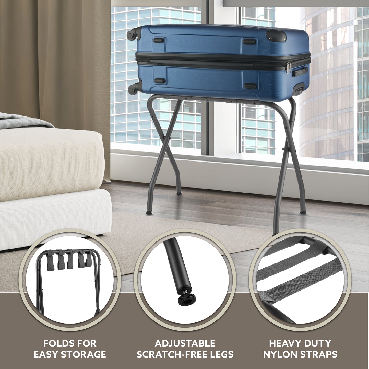 Bartnelli 2-Pack Folding Luggage Rack Collapsible Metal Suitcase Stand with Durable Black Nylon Straps- for Bedroom, Guest Room, or Hotel (GRAY STEEL)