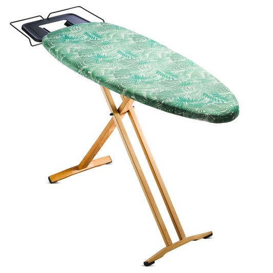 Bartnelli Pro Luxury Ironing Board Beech Wood Legs - Extra Wide 51x19” with Heavy Duty Steam Iron Rest, and Wheels for Easy Storage, Adjustable Height, T-Leg, Foldable, European Made