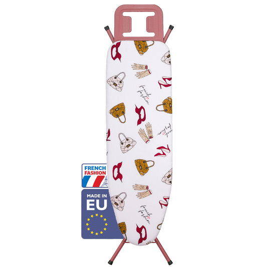 Bartnelli Ironing Board Made in Europe | Iron Board with 4 Layered Cover & Pad, Height Adjustable up to 36" Features A Safety Iron Rest, 4 Steel Rose Legs, for Home Laundry Room or Dorm Use (43x14) (ROSE LEGS FRENCH FASHION COVER)