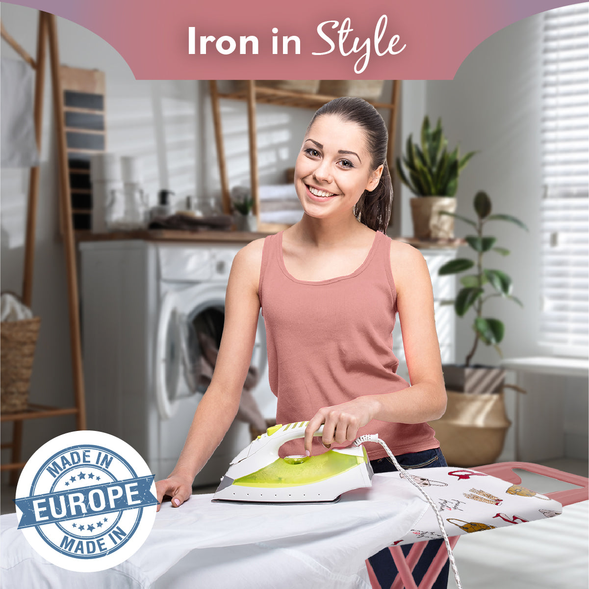 Bartnelli Ironing Board Made in Europe | Iron Board with 4 Layered Cover & Pad, Height Adjustable up to 36" Features A Safety Iron Rest, 4 Steel Rose Legs, for Home Laundry Room or Dorm Use (43x14) (ROSE LEGS FRENCH FASHION COVER)