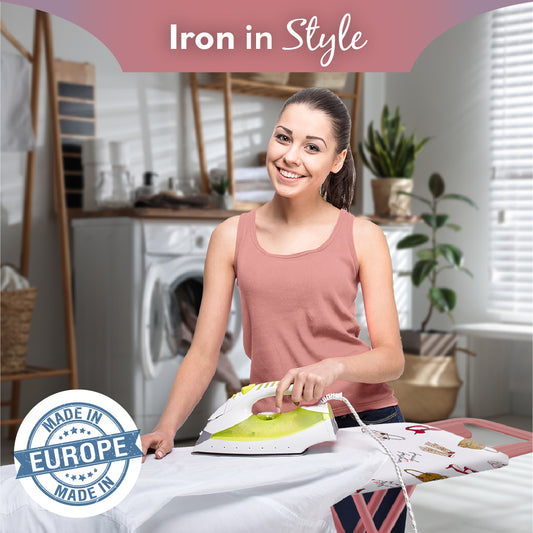 Bartnelli Ironing Board Made in Europe | Iron Board with 4 Layered Cover & Pad, Height Adjustable up to 36" Features A Safety Iron Rest, 4 Steel Rose Legs, for Home Laundry Room or Dorm Use (43x14) (ROSE LEGS FRENCH FASHION COVER)