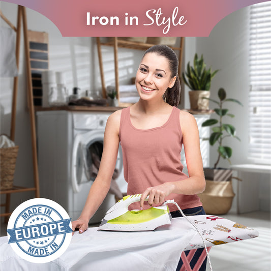 Copy of Bartnelli Ironing Board Made in Europe | Compact Space Saving Smart Hanger Iron Board for Easy Storage | Lightweight, 4 Layer Cover Pad, 4 Rose Leg, for Dorm, Laundry Room, or Small Space(43x13-35) (ROSE LEGS FRENCH FASHION COVER)