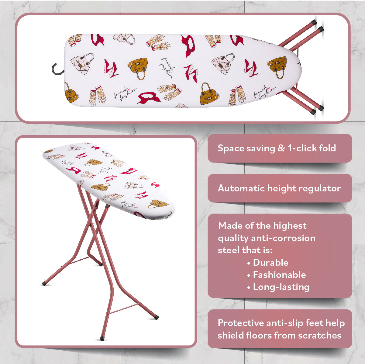 Copy of Bartnelli Ironing Board Made in Europe | Compact Space Saving Smart Hanger Iron Board for Easy Storage | Lightweight, 4 Layer Cover Pad, 4 Rose Leg, for Dorm, Laundry Room, or Small Space(43x13-35) (ROSE LEGS FRENCH FASHION COVER)