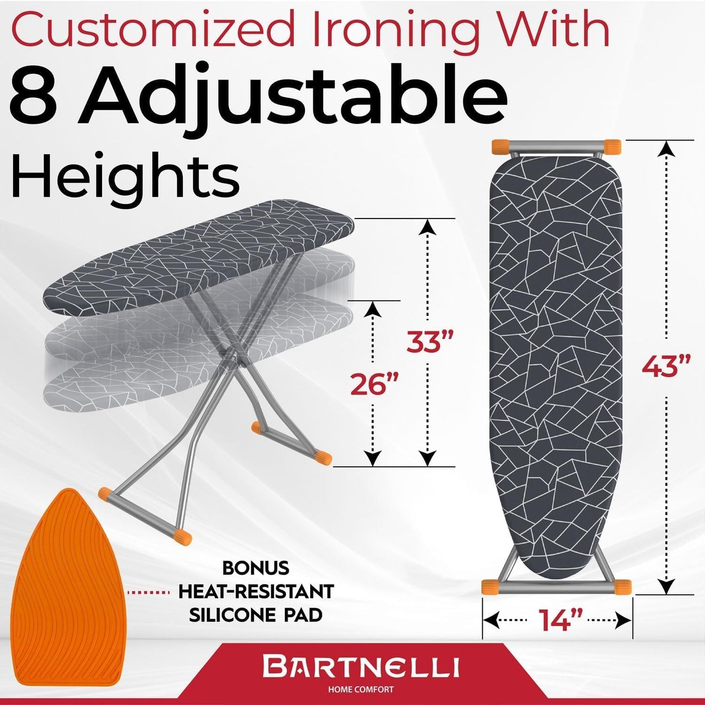 Compact Ironing Board, 13x43 Space-Saving Steel Foldable Iron Board, 4 Layer Cotton Cover, Adjustable Height, Bonus Hanger and Silicone Iron Pad