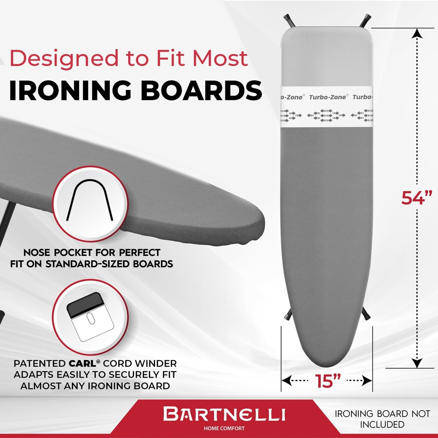 Bartnelli Pro Luxury Replacement Ironing Board Cover & Pad – 54" x 15" with Patented Parking Zone & Turbo Zone Technology