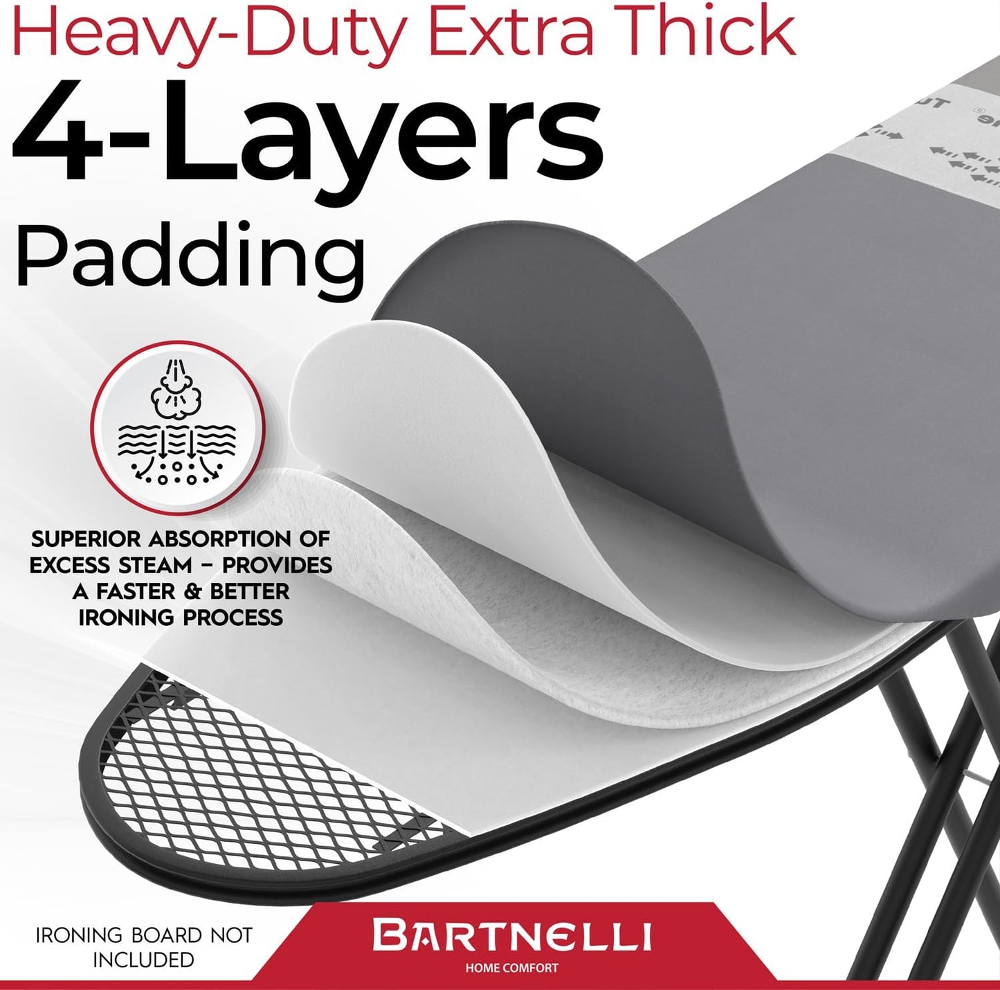Bartnelli Pro Luxury Replacement Ironing Board Cover & Pad – 54" x 15" with Patented Parking Zone & Turbo Zone Technology