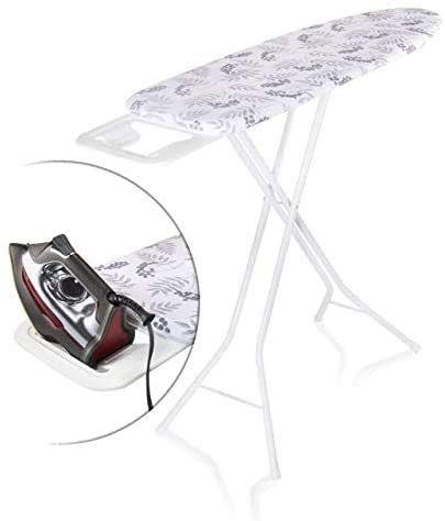 Bartnelli Ironing Board Made in Europe | Iron Board with 4 Layered Cover & Pad, Height Adjustable up to 36" Features A Safety Iron Rest, 4 Steel Legs, for Home Laundry Room or Dorm Use (43x14) (GRAY LEAVES)