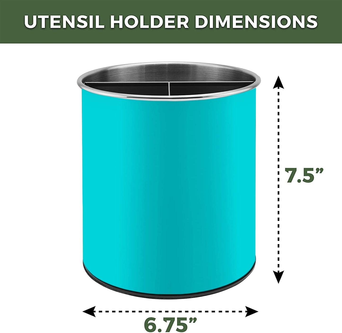 Bartnelli Extra Large Stainless Steel Kitchen Utensil Holder - 360° Rotating Utensil Caddy - Weighted Base for Stability - Countertop Organizer Crock With Removable Divider (MISTY TURQUOISE))