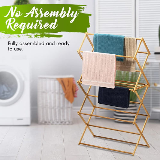 Bartnelli Bamboo Laundry Drying Rack for Clothes, Wood Clothing Dryer, Extreme Stability, Heavy Duty Built, Foldable, Collapsible Space Saving | Indoor-Outdoor Use - Pre-Assembled (X-Large - BDR-552)