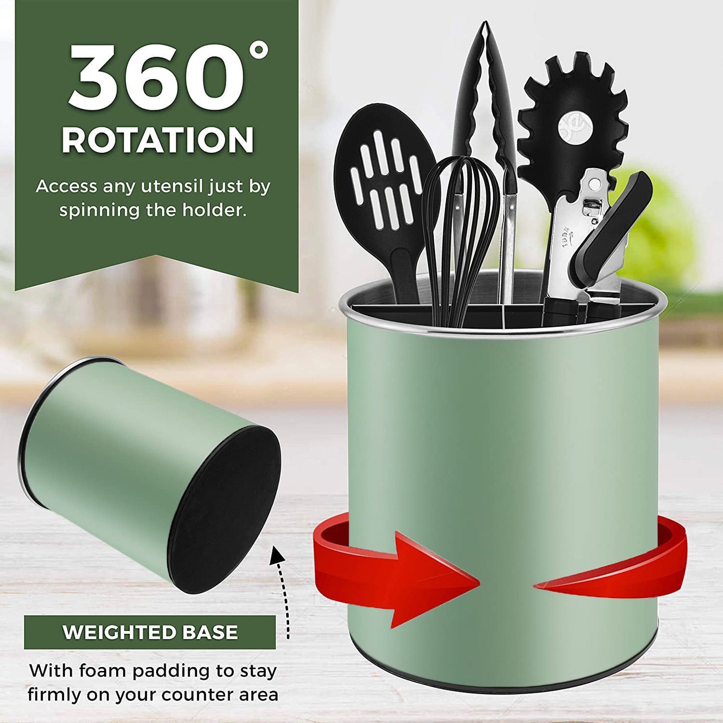 Bartnelli Extra Large Stainless Steel Kitchen Utensil Holder - 360° Rotating Utensil Caddy - Weighted Base for Stability - Countertop Organizer Crock With Removable Divider (SEA GREEN)