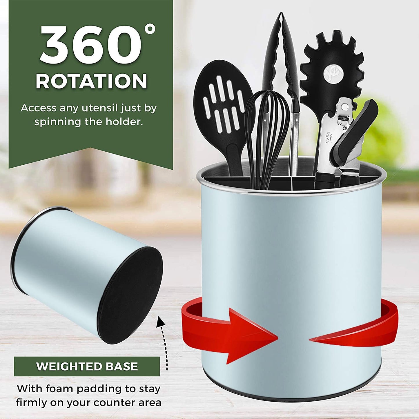 Bartnelli Extra Large Stainless Steel Kitchen Utensil Holder - 360° Rotating Utensil Caddy - Weighted Base for Stability - Countertop Organizer Crock With Removable Divider (BLUE VELVET))