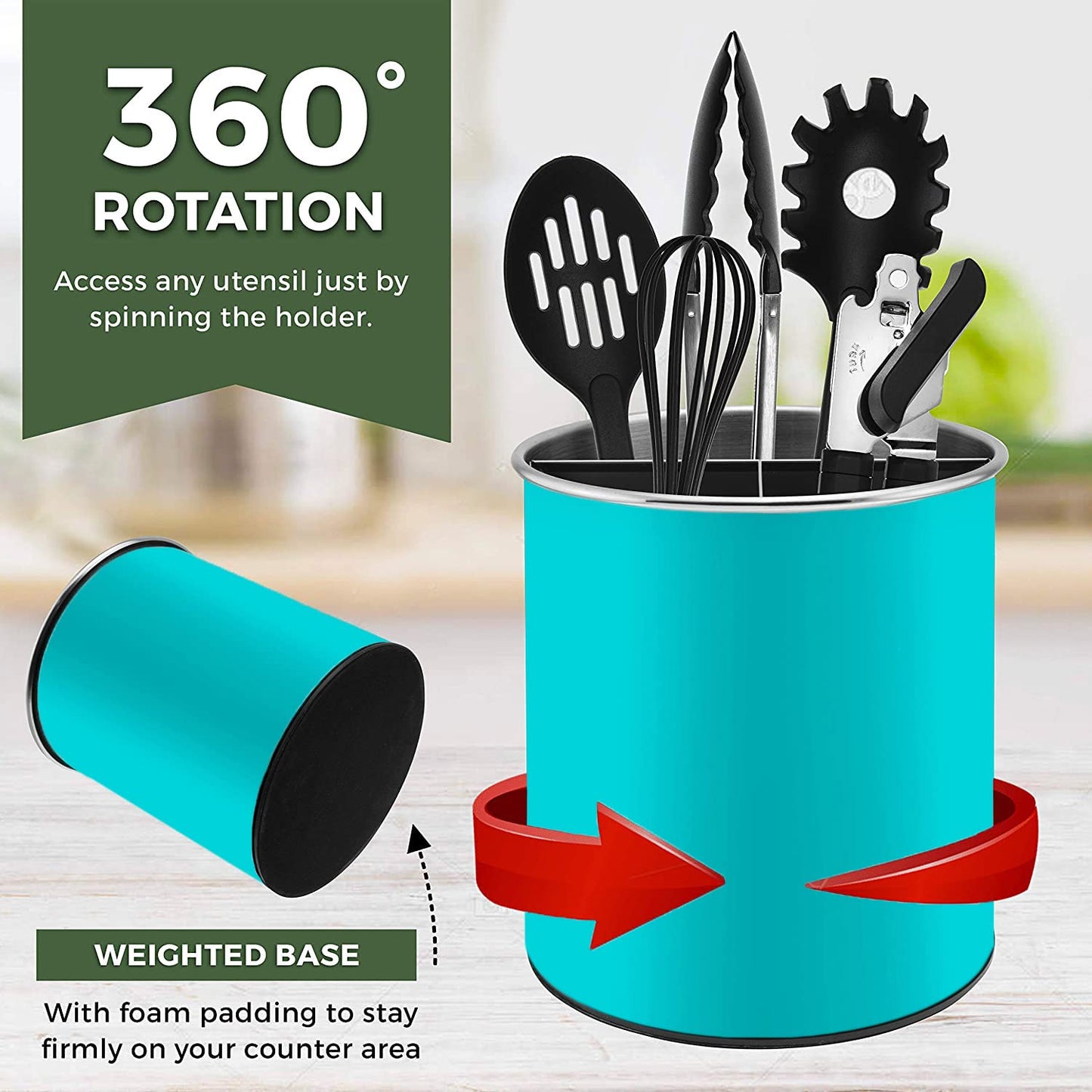 Bartnelli Extra Large Stainless Steel Kitchen Utensil Holder - 360° Rotating Utensil Caddy - Weighted Base for Stability - Countertop Organizer Crock With Removable Divider (MISTY TURQUOISE))